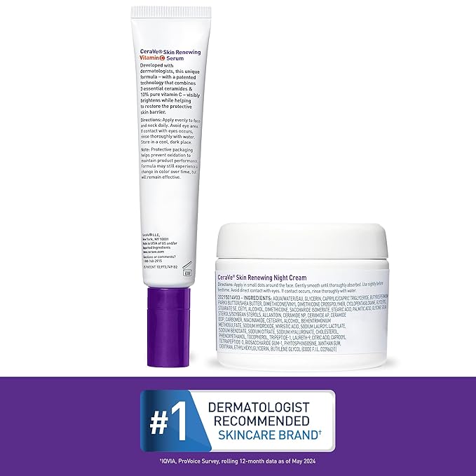 CeraVe Vitamin C Serum and Night Cream Skin Care Set, Brightening Serum with 10% Pure Vitamin C and Night Moisturizer with Peptides, Hyaluronic Acid and Ceramides, 1oz Vit C + 1.7oz Moisturizer