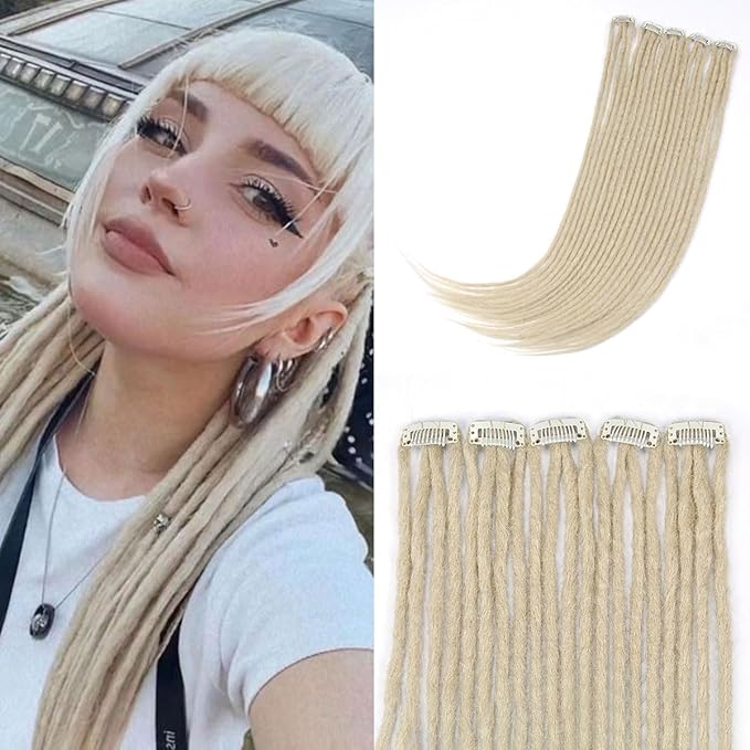 5 PCS Clip In Dreadlock Extensions, 24 inch 20 Strands 613 Blonde Synthetic Clip In Dreads Extensions for Woman