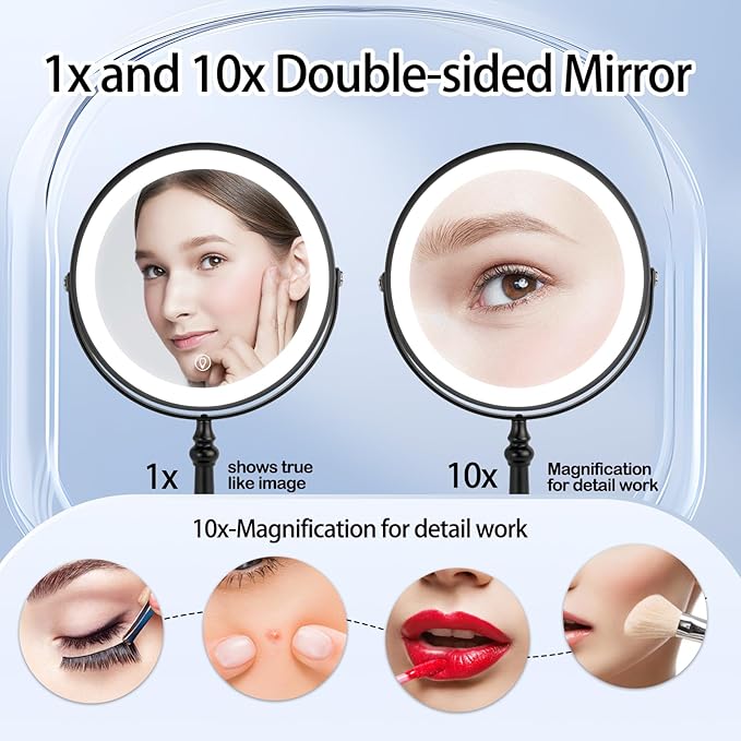 9" Lighted Makeup Mirror, 1X/10X Magnifying Mirror with Lights, Double Sided Vanity Mirror with Lights, 3 Color Dimmable Makeup Mirror with Light (Black)