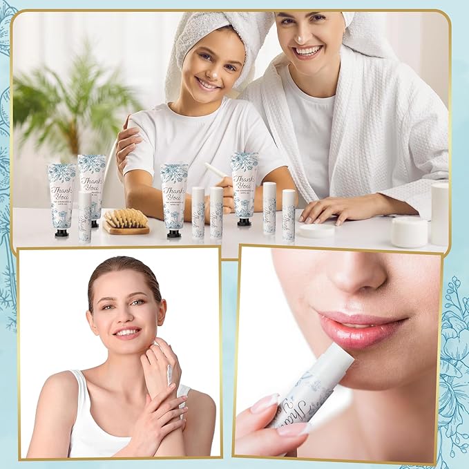 48 Sets 192 Pcs Baby Bridal Shower Hand Cream and Lip Balm Gift Baby Shower Wedding Party Favor Travel Size Hand Lotion and Lip Balm Bulk with Organza Bags Tags for Guests(Blue Flower)