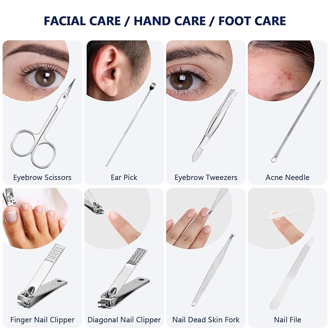 Geosar 12 Sets Manicure Set Nail Clippers Pedicure Kit 8 in 1 Stainless Steel Professional Grooming Kits Nail Care Tools with Travel Case for Men Women(Black)