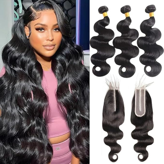 12A Body Wave Human Hair Bundles With Closure(20 22 24+2X6 Lace Closure 18Inch) Brazilian Natural Black 2X6 Hd Lace Closure With Bundles Human Hair Extensions