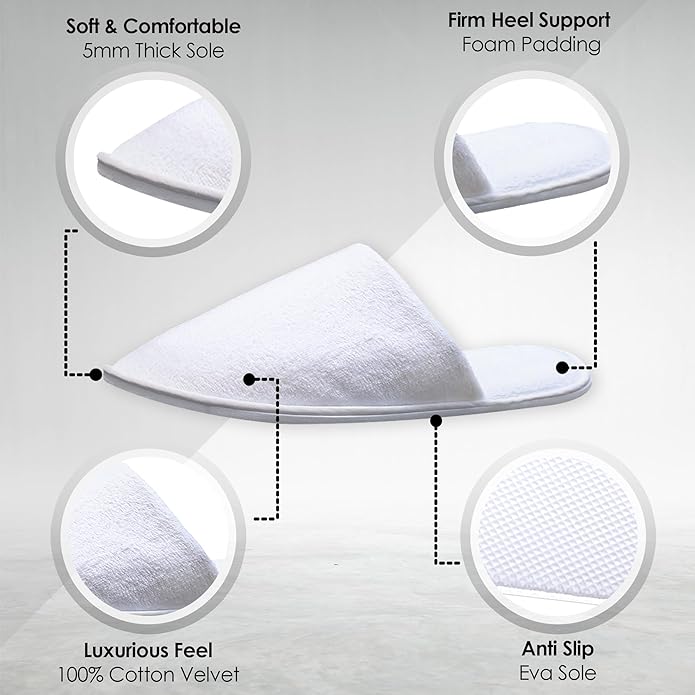 MODLUX Spa Slippers, 12 Pairs Cotton Velvet Closed Toe Disposable Slippers for Guests, 6 Medium and 6 Large House Shoe, Hotel, Home, Indoor, Bride Slippers, Slip-on with Travel Bag, White