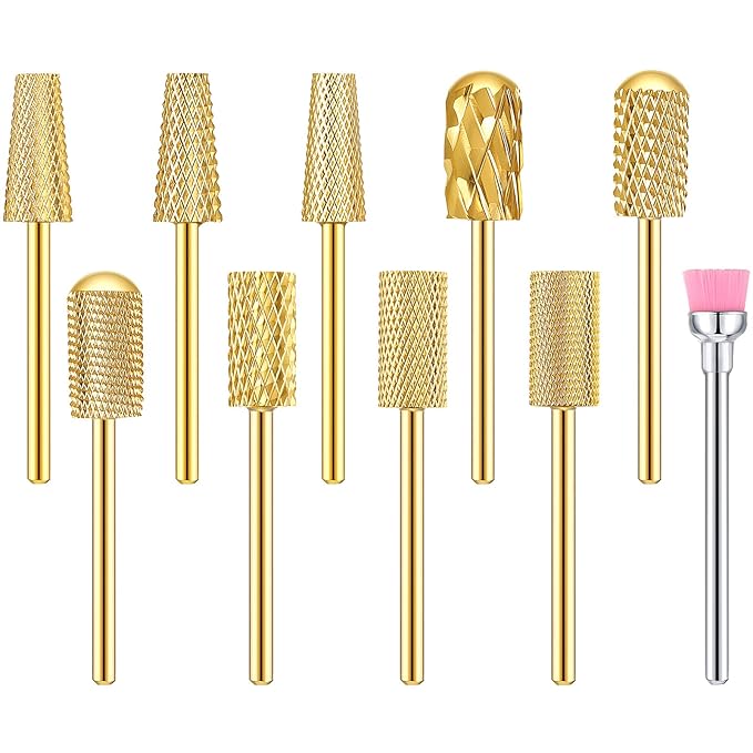 Honoson 10 Pcs Nail Drill Bits Set, 3/32 Inch Tungsten Carbide Bits for Nail Tech, File Remove Acrylic Gel Polish, Manicure Pedicure Tools for Salon Home Supplies(Gold)