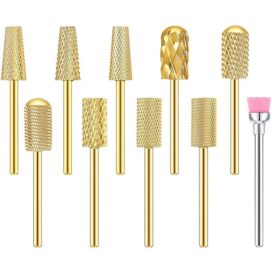 Honoson 10 Pcs Nail Drill Bits Set, 3/32 Inch Tungsten Carbide Bits for Nail Tech, File Remove Acrylic Gel Polish, Manicure Pedicure Tools for Salon Home Supplies(Gold)
