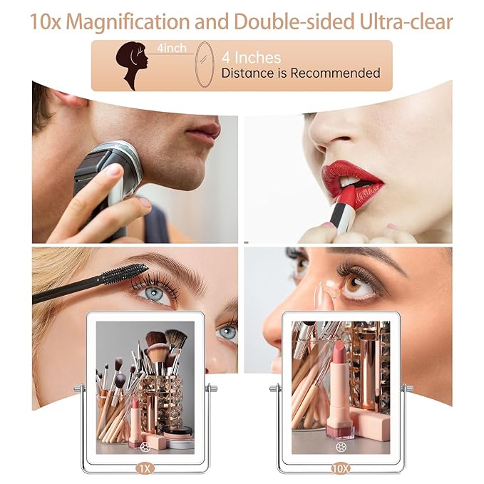 FASCINATE Rechargeable Wall Mounted Makeup Mirror, Bathroom Mirror Rectangle 8.7 Inch Double Sided 1X 10X Magnifying, 3 Color Setting, Extended Arm 360° Swivel Foldable Chrome