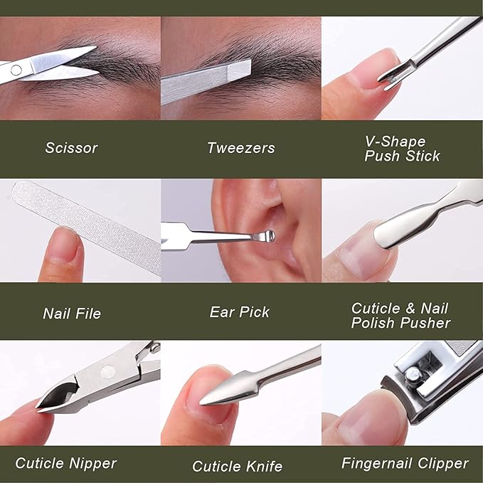 FAMILIFE Manicure Set, Nail Kit 11 in 1 pedicure kit Stainless Steel Mens Manicure Kit Leather Pedicure Tools and 100% Stainless Steel Ingrown Toenail File and Lifter Double Sided with Storage Case
