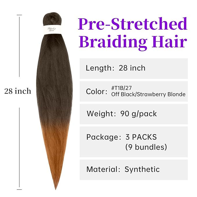 BNG 3X Pre-Stretched Braiding Hair, 28" Professional Itch Free Synthetic Fiber Braids Hair Extensions for Easy Braid, 3 PACKS (9 bundles), (#T1B/27 Off Black/Strawberry Blonde)