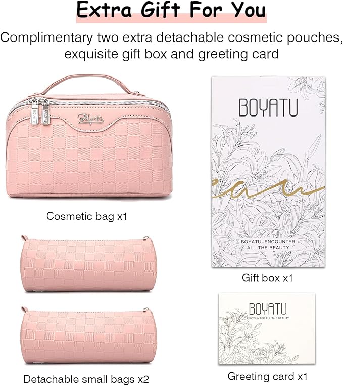 BOYATU Travel Makeup Bag Organizer Cosmetic Bag: 3 Pcs Set Make up Bags for Women with Handle - Waterproof Vegan Leather Toiletry Bags with Comparments (Pink)