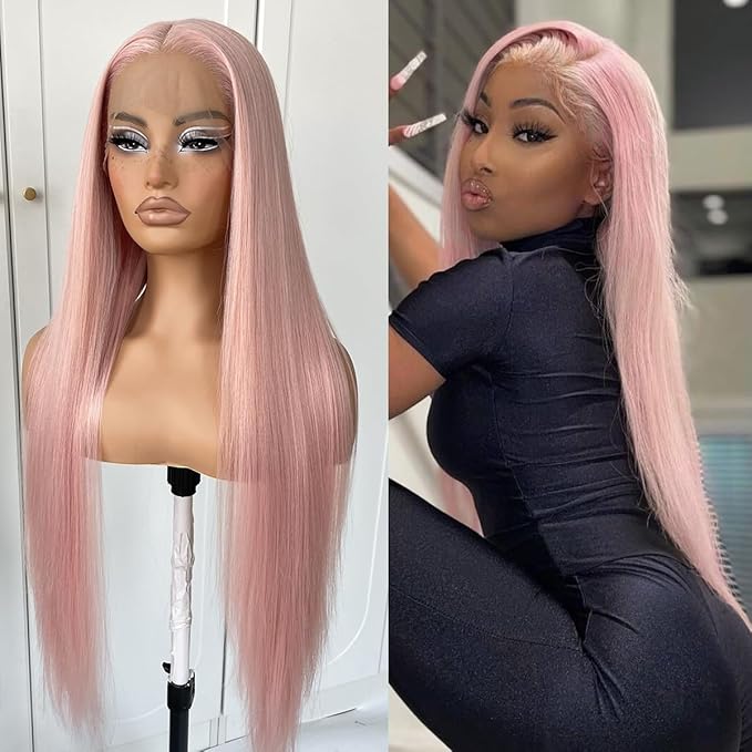 32inch Pink Wig - Straight Light Pink Lace Front Wig Pre Plucked Glueless Synthetic Long Straight Wear And Go Lace Front Wig For Women Daily Party Cosplay Wear