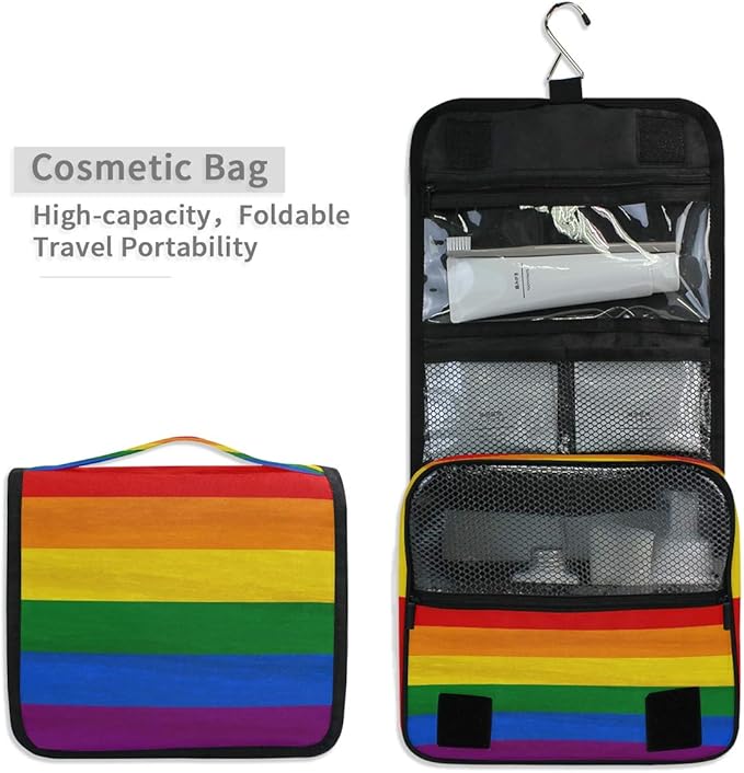 YVONAU Hanging Toiletry Bag Rainbow Pride Flag Stripe Portable Travel Cosmetic Makeup Bag Bathroom Shower Shaving Kit Organizer Bag for Men Women