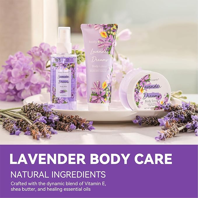 BODY & EARTH Body Mist Gift Set - Spa Gifts for Women, Perfume, Body Lotion, and Body Scrub in a Lavender Dreams Box- Perfect Birthday Gifts for Moms, and Special Occasions,Unique Gift Ideas for Her