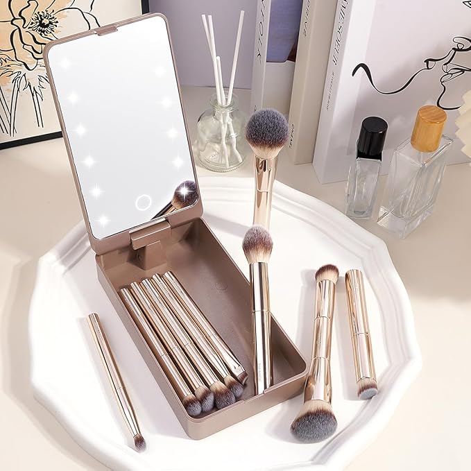 MAANGE 10 Pcs Makeup Brush Set Double-ended Kabuki Brush Travel Makeup Brushes for Foundation Powder Concealers Eye Shadows Makeup Tools Set with LED light Mirror (Gold)