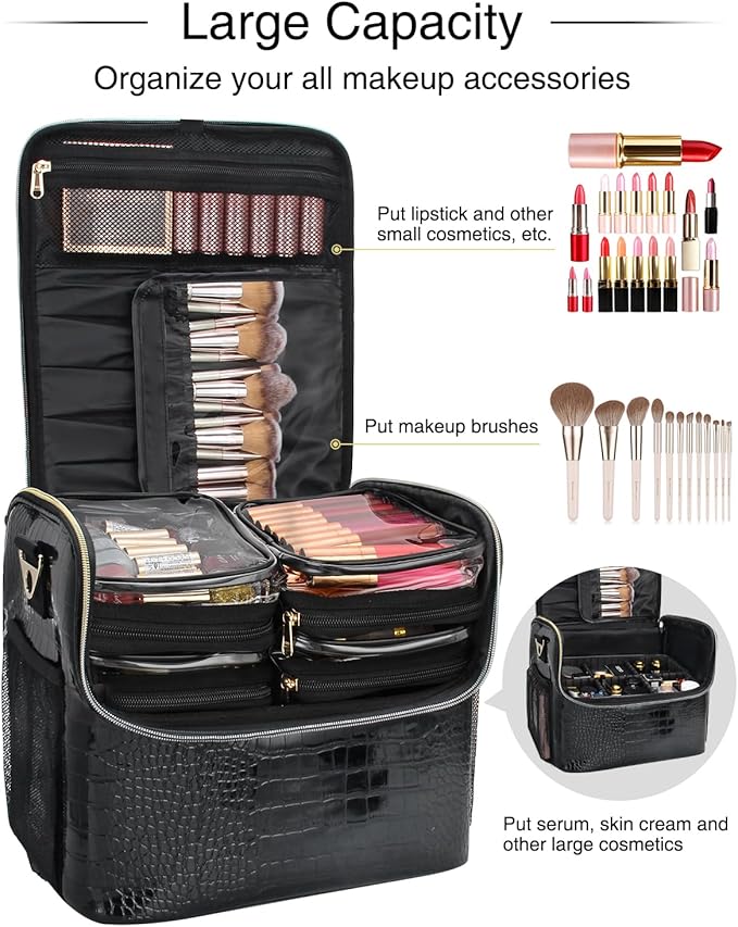 Travel Makeup Bag, Tattoo Case with 4 Inner Removable Pouches, Professional Makeup Artist Bag Travel Organizer Box with Adjustable Dividers (Medium, Black)