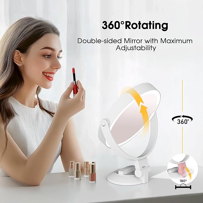 10X/1X Makeup Mirror with Lights and Magnification, 7.1” Wall Mounted Desktop Double-sided Magnifying Mirror with Suction Cup, 360°Swivel Rechargeable Travel Vanity Mirror with 3 Colors & Dimmable