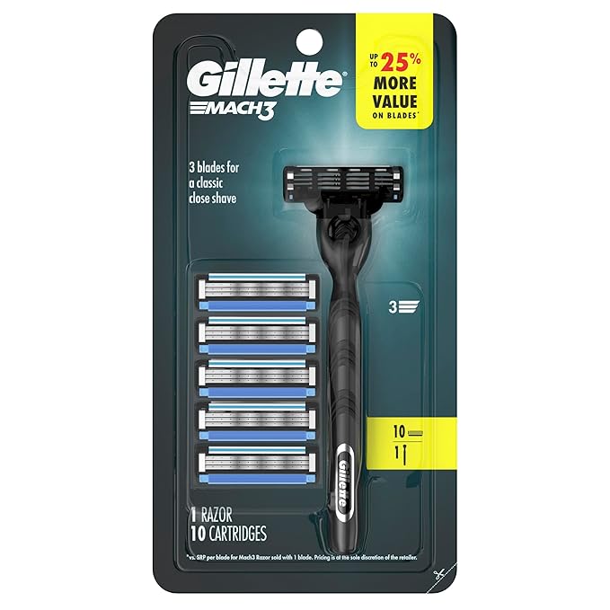 Gillette Mach3 Shaving Razor for Men, 1 Gillette 3-Blade Razor Handle for Men’s Grooming, 10 Razor Blade Refills, Razor Blades with Lubrication Strip
