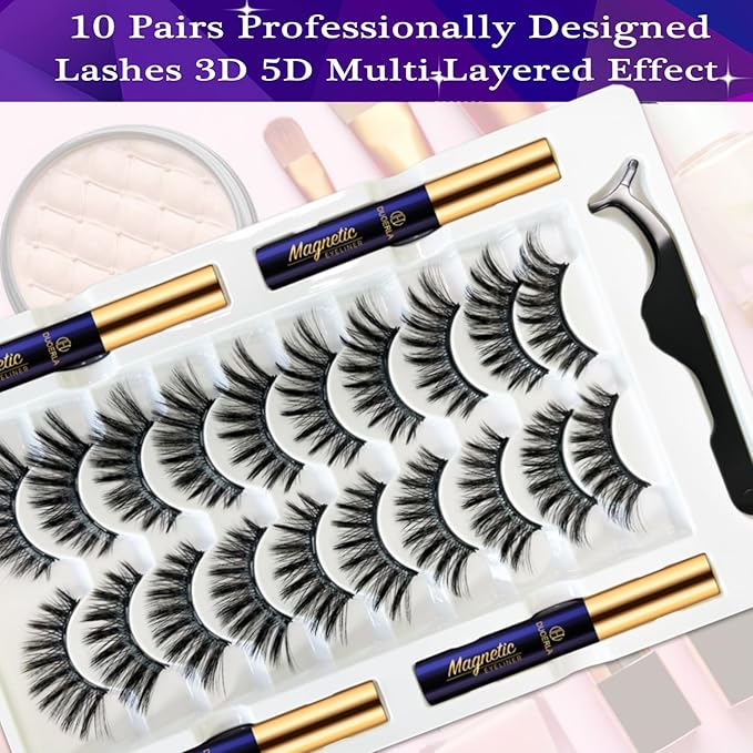 DUOERLA Magnetic Eyelashes Natural Look, 3D Cat Eye Magnetic Lashes Kit with Eyeliner, 10 Pairs of 1 Most Popular style,Reusable Fake Eye Lash, Upgraded Long-Lasting,Waterproof Liquid Liner, Easy Use.