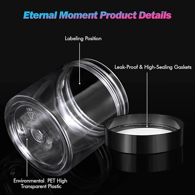 ﻿ ﻿ Eternal Moment 36 Pack 4 OZ Plastic Jars Round Clear Cosmetic Container Jars with Lids, Perfect for Lotion, Cream, Ointments, Makeup, Eye Shadow, Rhinestone, Samples, Pot, Travel Storage
