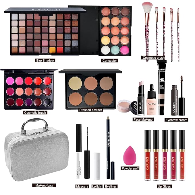 All in One Makeup Kit,Makeup Kit for Women, Teens and Girls, All-in-One Set with Eyeshadow Palettes, Lipsticks, Brushes, Storage Bag,Makeup gift set girls makeup sets ages 8-12 (Silver)