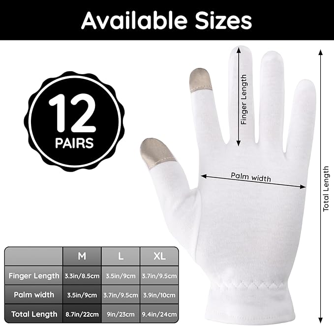 Segbeauty 24 Counts Moisturizing Cotton Gloves with Touchscreen Fingertips, Sleeping Gloves for Dry Hands with Elastic Band, Soft Hand Gloves for Women Men Cotton Sleep Gloves for Coin Art Work Medium