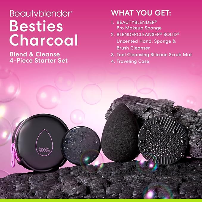 Beautyblender® | Besties Charcoal Blend & Cleanse 4-Piece Starter Set, Pro Black Makeup Sponge + Solid Charcoal Cleanser .558 oz + Silicone Scrub Mat + Travel Case, Made in USA, Vegan, Cruelty Free