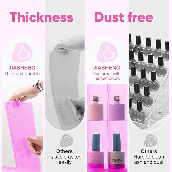JIASHENG Nail Polish Organizer Case for 48 Bottles, Gel Nail Polish Storage Holder Double Side Adjustable Space Divider for Acrylic Nail Gel Dip Powder Tips Set with Two Toe Separator, Pink