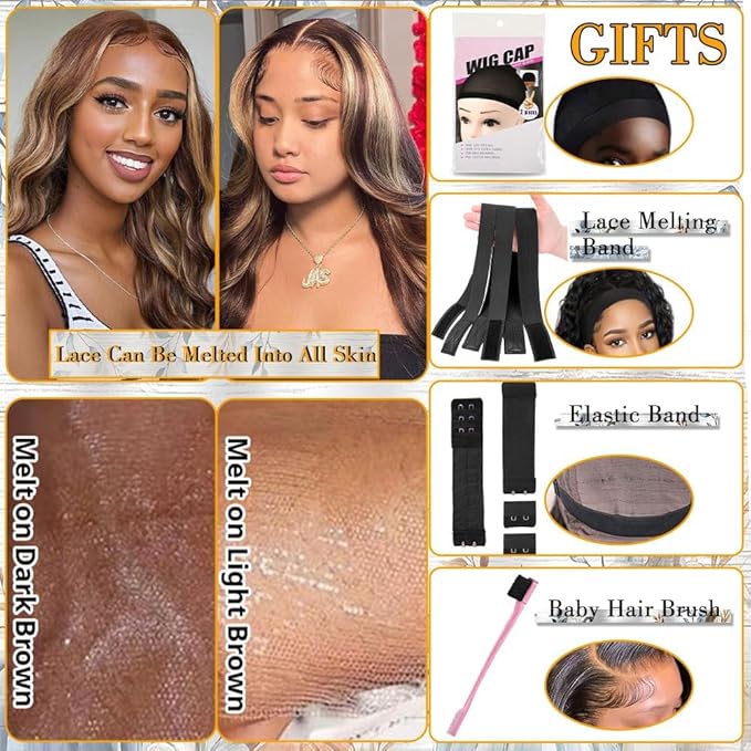 Azkiu Highlight Ombre Lace Front Wig Human Hair 13x4 HD 4/27 Honey Blonde lace frontal Wigs Pre Plucked with Baby Hair150% Density Colored Body Wave Lace Front wig Human Hair Natural Hairline 26Inch