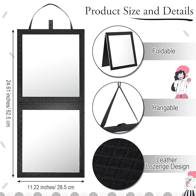 Foldable Backstage Mirror with Handle 24.61x 11.22 Inch Leather Folding Hanging Mirror Rectangular for Travel Dance Bag Home Fitness Spa Gift for Dancers(Black)