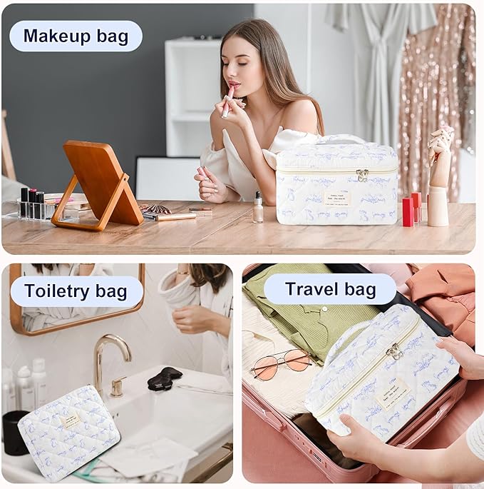 3Pcs Makeup Bag Cotton Quilted Travel Cosmetic Bag Cute Floral Makeup Pouch Large Toiletry Bag for Women Girls (Blue cat)