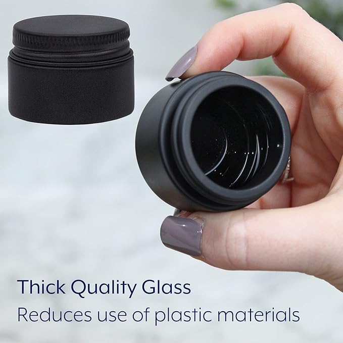 Darware 15-Milliliter Glass Balm Jars (24-Pack, Black); 1/2 oz Tiny Cosmetic Jars with Lined Black Metal Lids