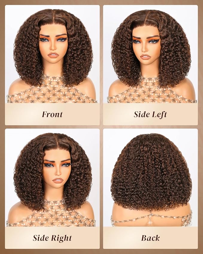 Arabella 5x6 Chocolate Brown Deep Curly Bob Wig Human Hair 210% Density Wear and Go Glueless Wigs Human Hair 4# Brown Bob Wig Lace Front Wigs Pre Cut Lace Pre Bleached Knots(12inch, 5x6 DC Glueless)