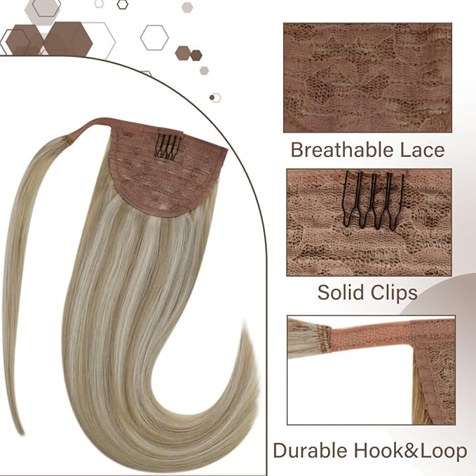Hetto Blonde Ponytail Human Hair Ponytail Highlight Light Blonde #17/23 12 Inch Straight Wrap around Pony Tail Hair Extension 70g/Set
