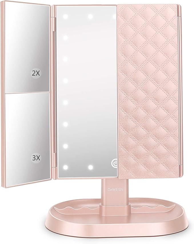 deweisn Trifold Lighted Vanity Makeup Mirror with 21 LED Lights,1x/2x/3x Magnification and Touch Screen Dimming,Two Power Supplies Makeup Mirror, Gift for Women