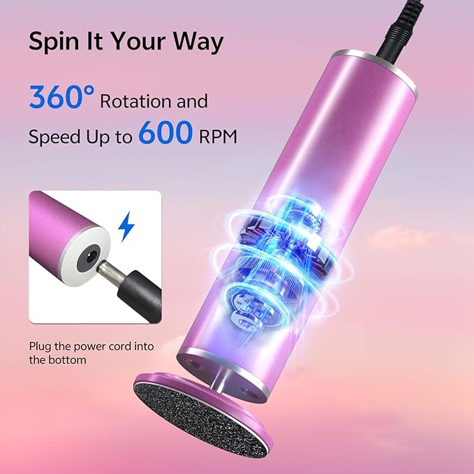 Electric Foot Callus Remover for Feet, Pedicure Tool with 60pcs Replacement Sandpaper Discs, Adjustable Speed Scrubber File Grinder for Dead Skin, Home Spa Salon Use - Pink