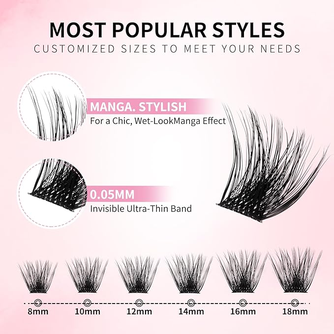 Magic Lash Clusters Kit 8-18mm Volume Wispy Eyelash Clusters Kit D Curl - WideSpan DIY Eyelash Extension Kit Cat Eye Lashes Individual Fake Eyelashes Clusters Kit with 0.05mm Ultra-Thin Black Band