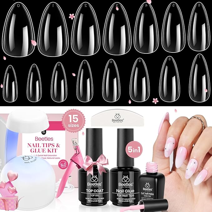 Beetles Gel Nail Kit - 600Pcs 15 Sizes Medium Almond Tips With Pink Color Gel Top Coat, Soft Clear Press-on, 5-in-1 Glue, UV Lamp - Easy Extension Set for Women