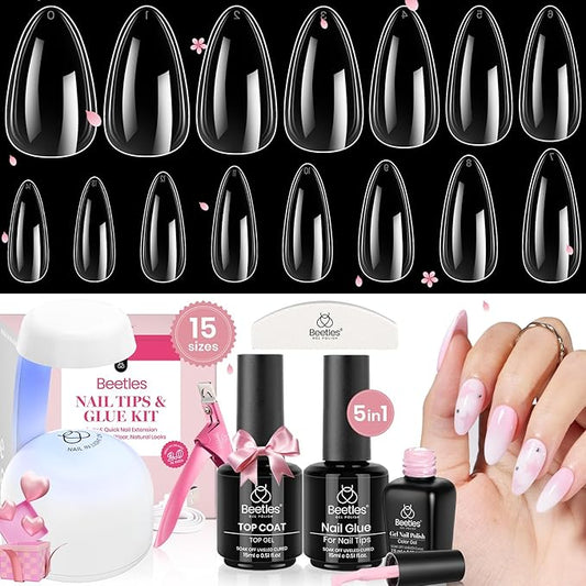 Beetles Gel Nail Kit - 600Pcs 15 Sizes Medium Almond Tips With Pink Color Gel Top Coat, Soft Clear Press-on, 5-in-1 Glue, UV Lamp - Easy Extension Set for Women