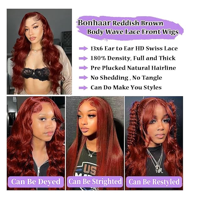 32 Inch 13x6 Reddish Brown Lace Front Wigs Human Hair Body Wave 180% Density Hd Transparent Lace Front Wig Human Hair Pre Plucked with Baby Hair 33# Auburn Brown Lace Frontal Wigs