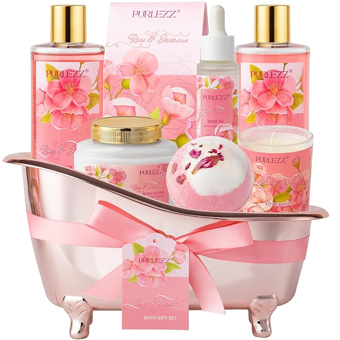 Rose & Jasmine Floral Luxury Bath & Body Gifts - Spa Basket with Body Lotion, Soy Candle - Home Bath Gift Set for Women