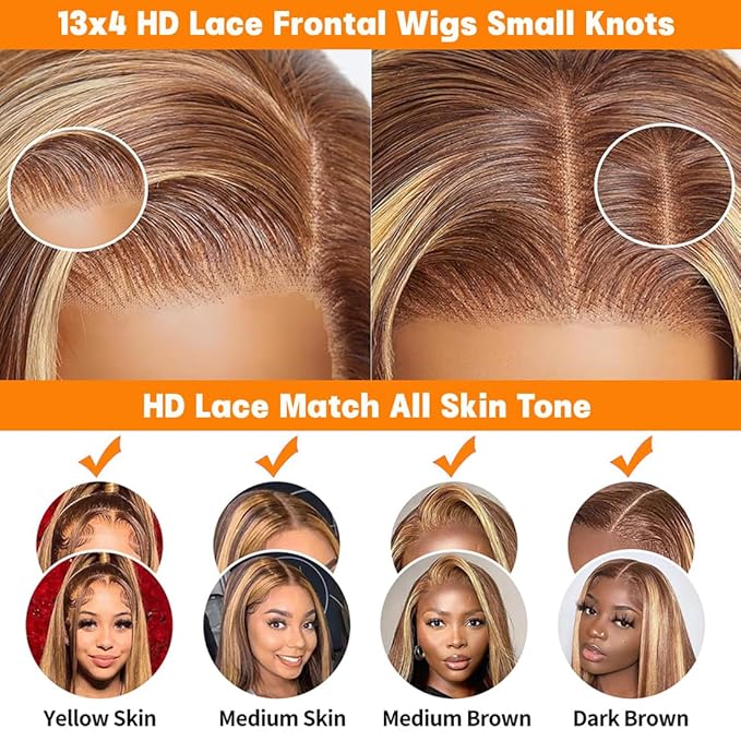 30 Inch Honey Blonde Ombre Lace Front Wig Human Hair 180% Density 13x4 Highlight Lace Front Wigs Human Hair Pre Plucked 4/27 Straight HD Lace Frontal Wig Human Hair for Women with Baby Hair