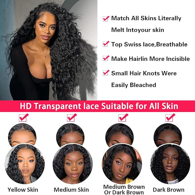 34 Inch13x6 Deep Wave Lace Front Wigs Human Hair 180% Density 13x6 HD Lace Deep Curly Glueless Frontal Wigs Human Hair Pre Plucked for Women Wet and Wavy Glueless Wigs Human Hair