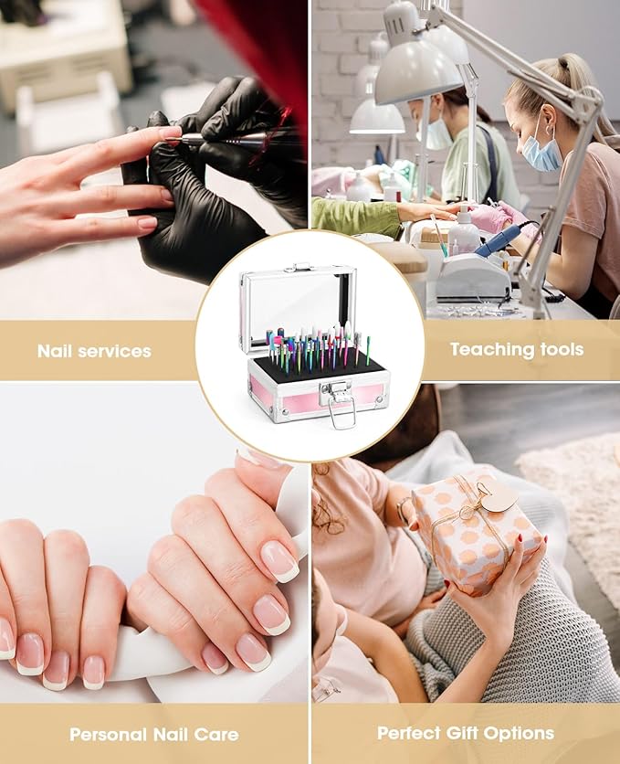 Onism 30Pcs Nail Drill Bits Set - 3/32 Inch Tungsten Carbide Ceramic Nail Bits Kit with Nail Tool Box & Sanding Bands, Professional Manicure Pedicure Remover for Acrylic Gel Nail Polish, Pink