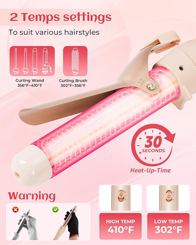 ANIEKIN 5 in 1 Curling Iron Set, Fast Heat Up Curling Wand from 3/8 to 1 1/4 Inch and a Thermal Brush Come with, Dual Voltage Hair Curler for Women All Hair Types and Travel Use, Gifts for Women,Pink