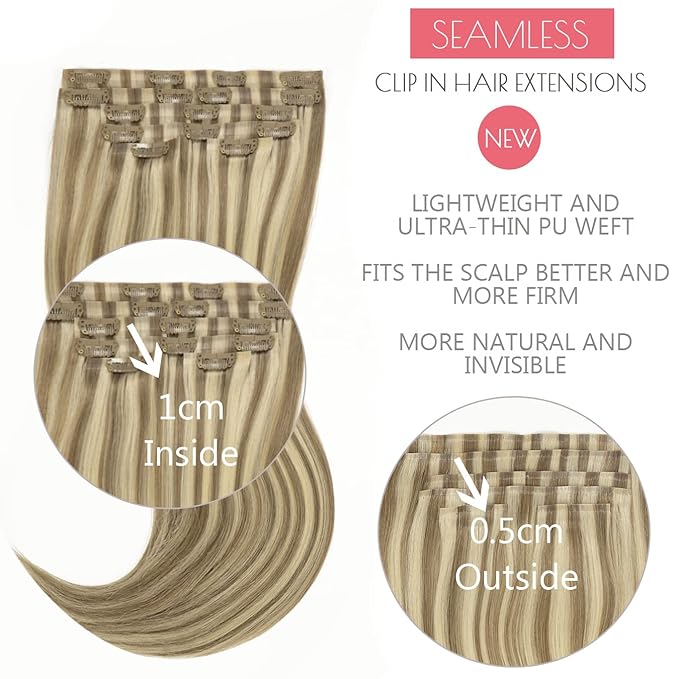 Loxxy Seamless Human Hair Clip in Extensions 22Inch Piano Light Ash Brown Mixed With Platinum Blonde Clip in Hiar Extensions Real Human Hair With PU Weft Silky Straight Seamless Clip ins 110g 7pcs