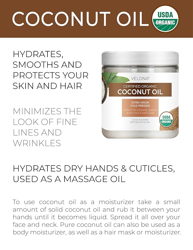 Velona USDA Certified Organic Coconut Oil Extra Virgin - 8 fl oz | Food and Cosmetic Grade | in jar | Extra Virgin, Cold Pressed