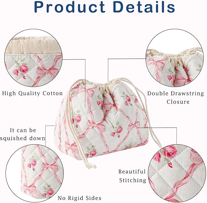 Cotton Quilted Drawstring Makeup Bag with Canvas Lining,Coquette Aesthetic Cute Travel Toiletry Bag,Drawstring Gift Bag for Women and Girls（03Pink Bows）