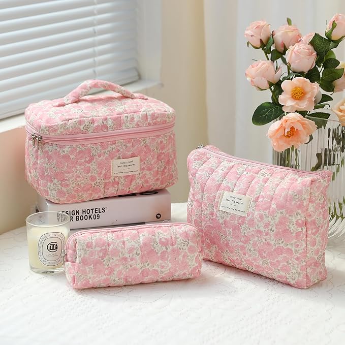 3Pcs Makeup Bag Cotton Quilted Travel Cosmetic Bag Cute Floral Makeup Pouch Large Toiletry Bag for Women Girls (Flowers-Pink3)