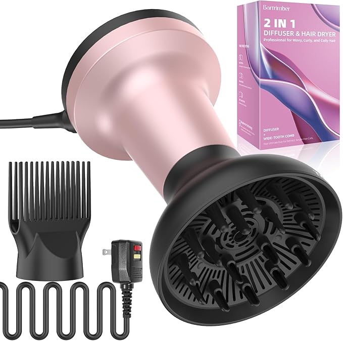 2 In 1 Diffuser Hair Dryer for Curly Hair, Ultra 1875W Ionic Hair Dryer with Diffuser & Comb Nozzle Attachment, Enhances Curl Waves, Reduce Frizz, Overheat Protection, Travel Size, Gifts for Women Her
