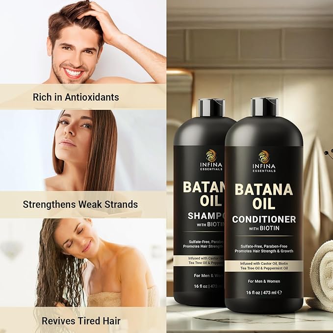 Batana Oil Shampoo and Conditioner Set - Biotin & Tea Tree Oil for Hair Growth & Thickness - Moisturizing & Nourishing Shampoo for Thinning Hair for Men & Women - 16 fl oz Each