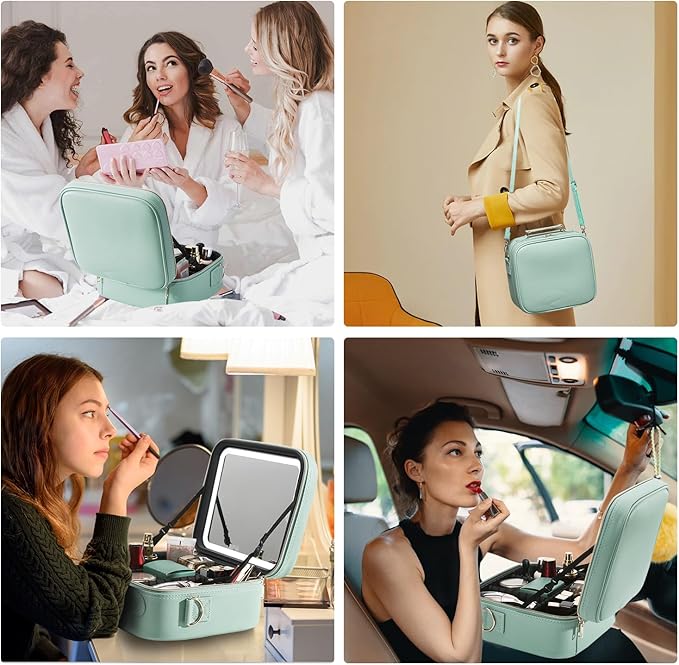 Mocado Travel Makeup Bag with LED Lighted Mirror, Travel Makeup Organizer, Makeup Case with 3 Color Lighted Setting and 10x Magnifying Mirror, Portable Storage and Adjustable Dividers (Powdery Green)